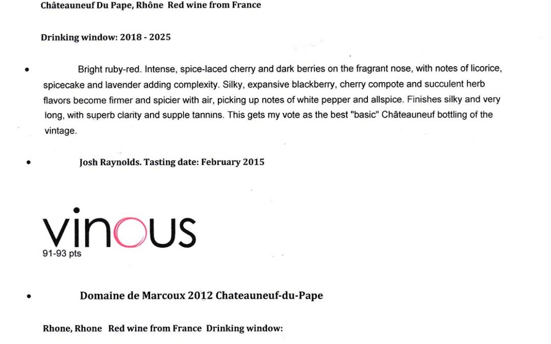 Vinous – Millésime : 2012